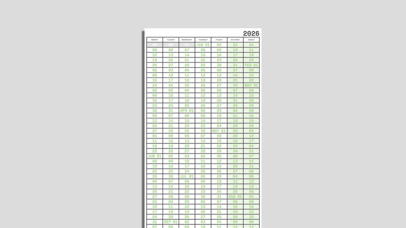 Annual Week View Calendar